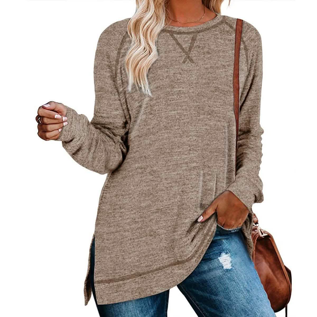 Women's Long Sleeve Loose Casual Autumn Pullover Side Slit Tunic Top