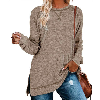Women's Long Sleeve Loose Casual Autumn Pullover Side Slit Tunic Top