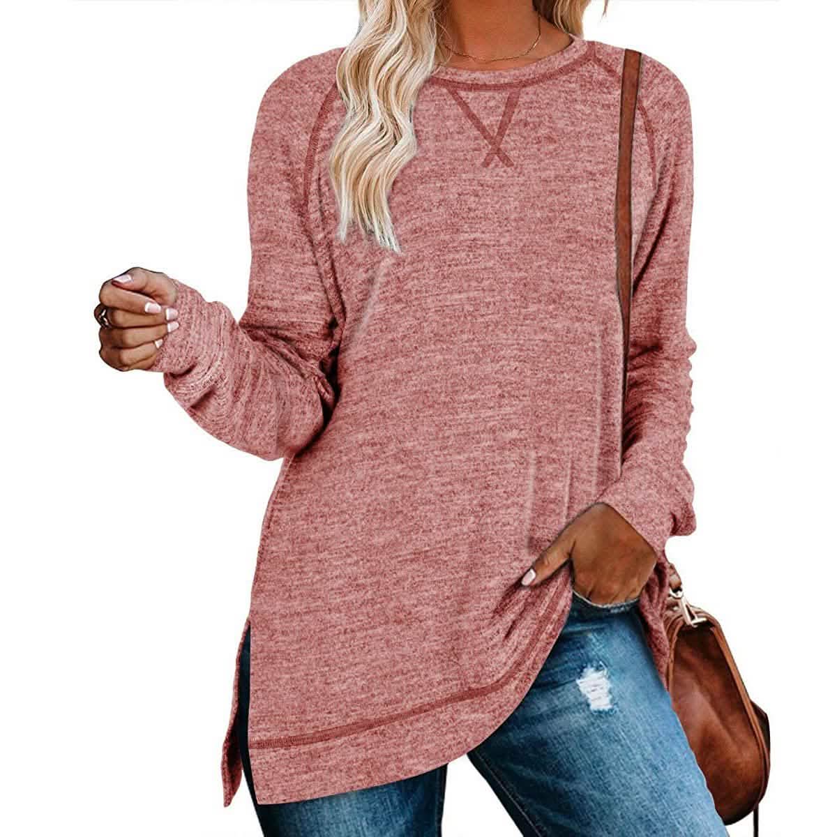 Women's Long Sleeve Loose Casual Autumn Pullover Side Slit Tunic Top