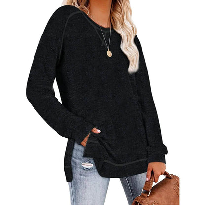Women's Long Sleeve Loose Casual Autumn Pullover Side Slit Tunic Top