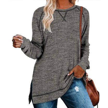 Women's Long Sleeve Loose Casual Autumn Pullover Side Slit Tunic Top