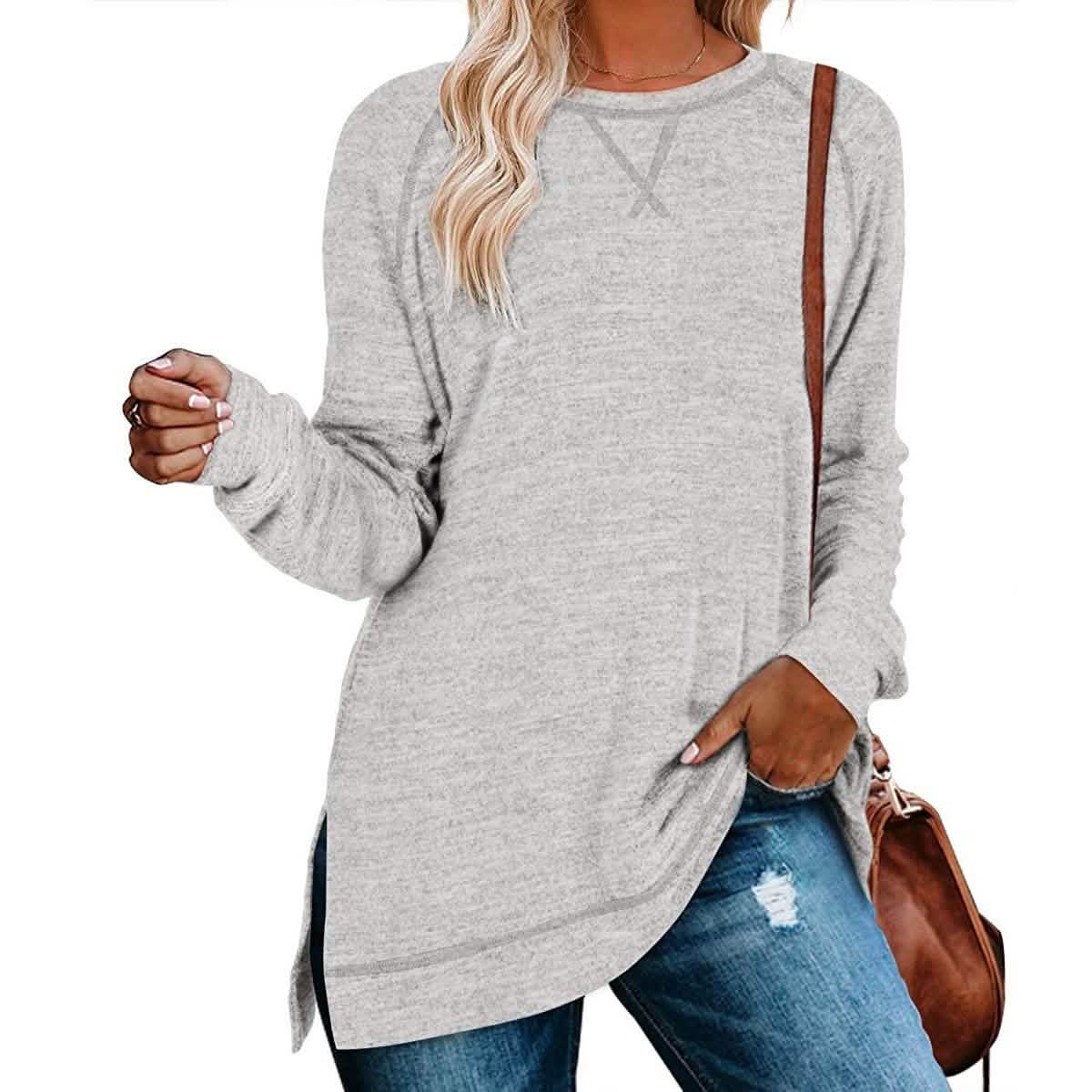 Women's Long Sleeve Loose Casual Autumn Pullover Side Slit Tunic Top