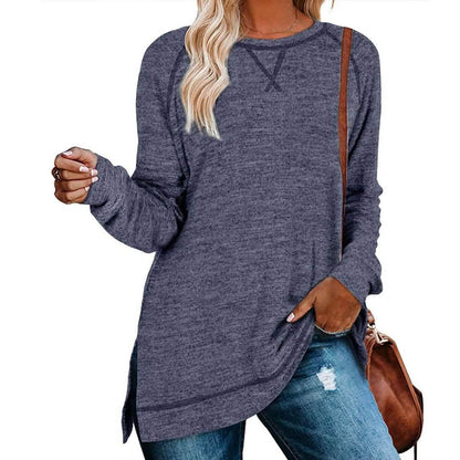 Women's Long Sleeve Loose Casual Autumn Pullover Side Slit Tunic Top