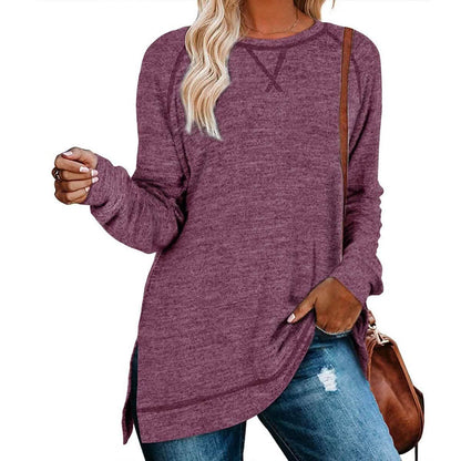 Women's Long Sleeve Loose Casual Autumn Pullover Side Slit Tunic Top