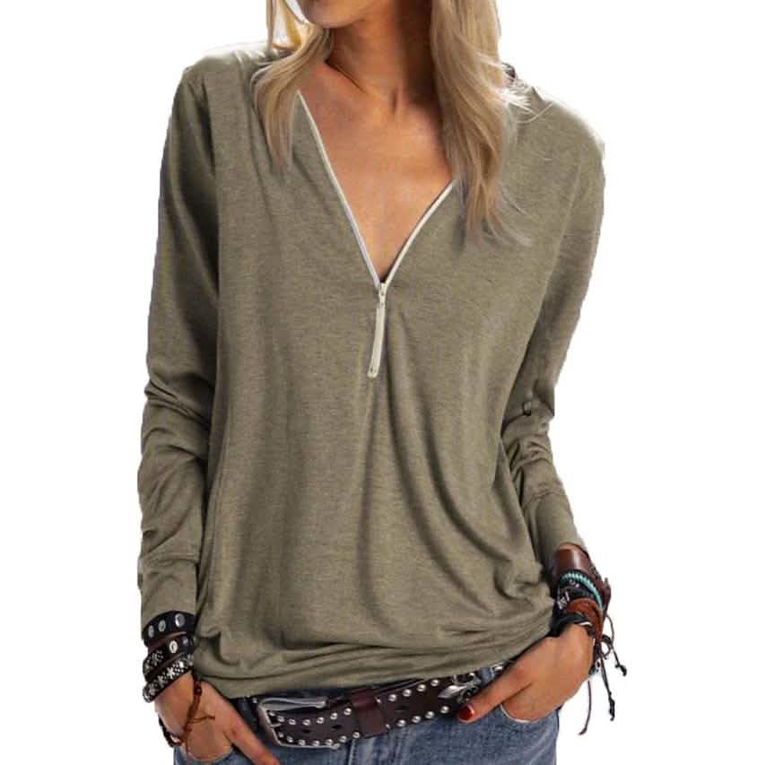 Women's Long Sleeve Zipper Quarter Zip V Neck Casual Top