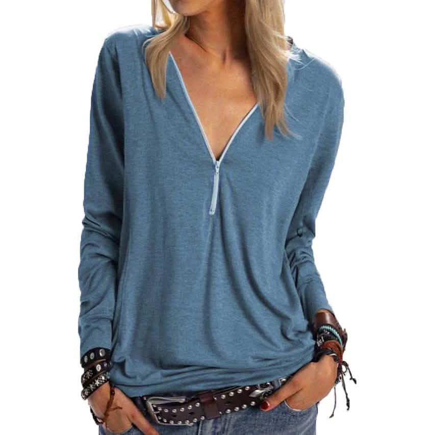 Women's Long Sleeve Zipper Quarter Zip V Neck Casual Top