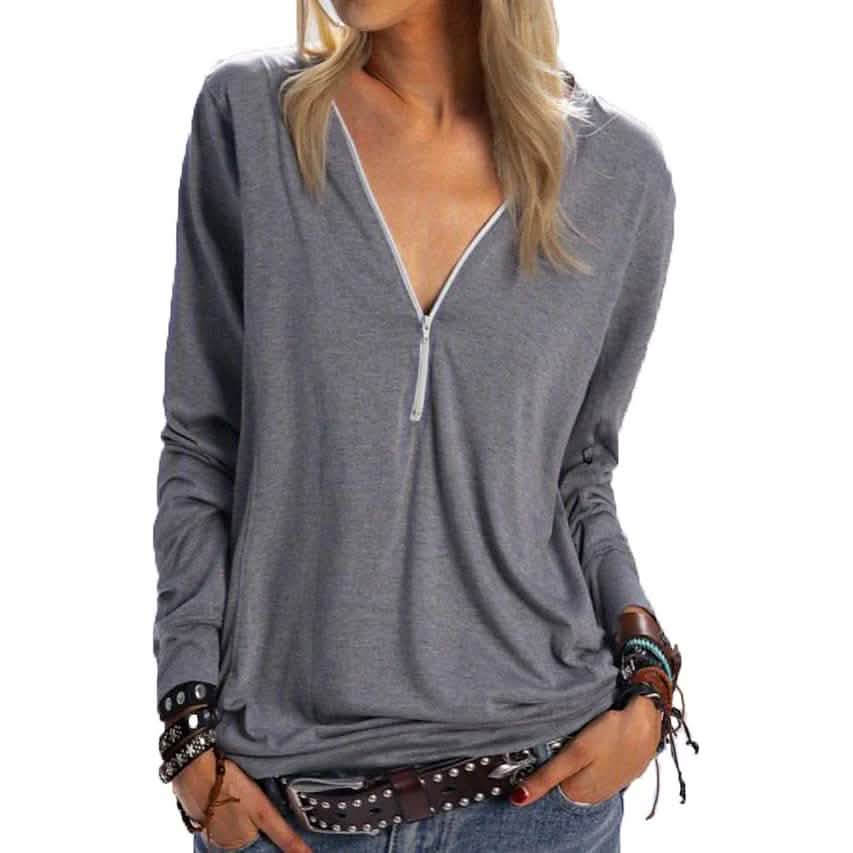 Women's Long Sleeve Zipper Quarter Zip V Neck Casual Top