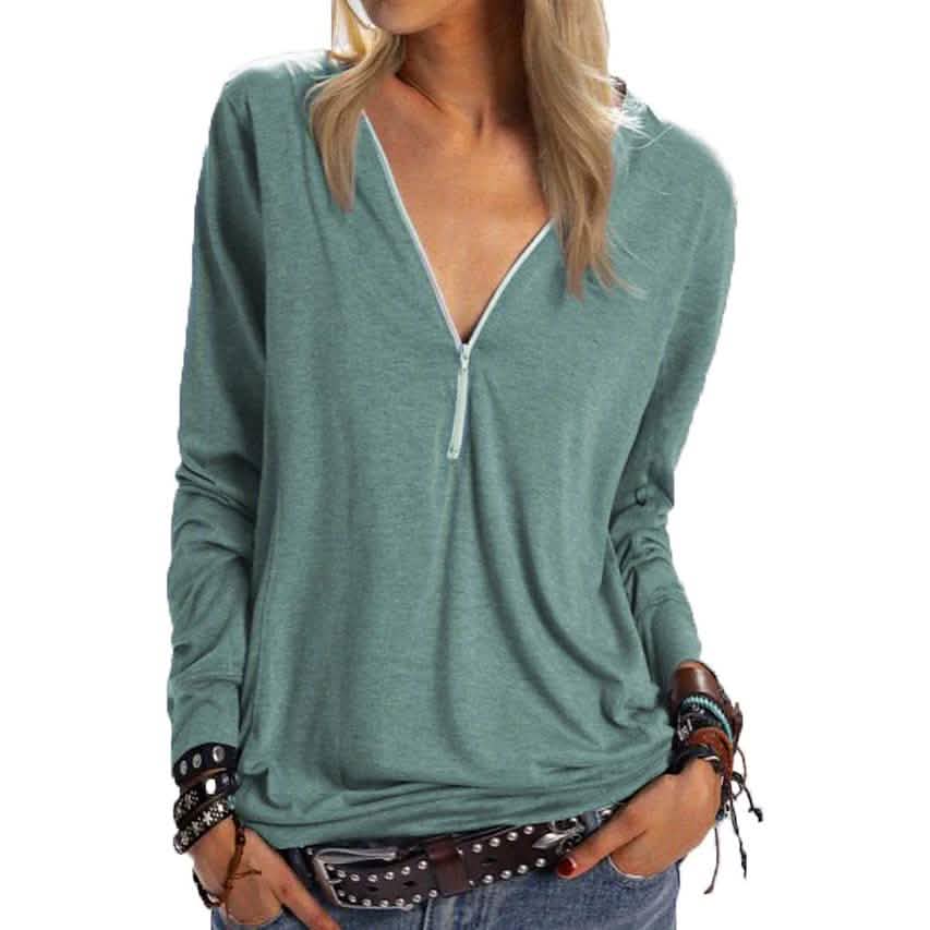 Women's Long Sleeve Zipper Quarter Zip V Neck Casual Top