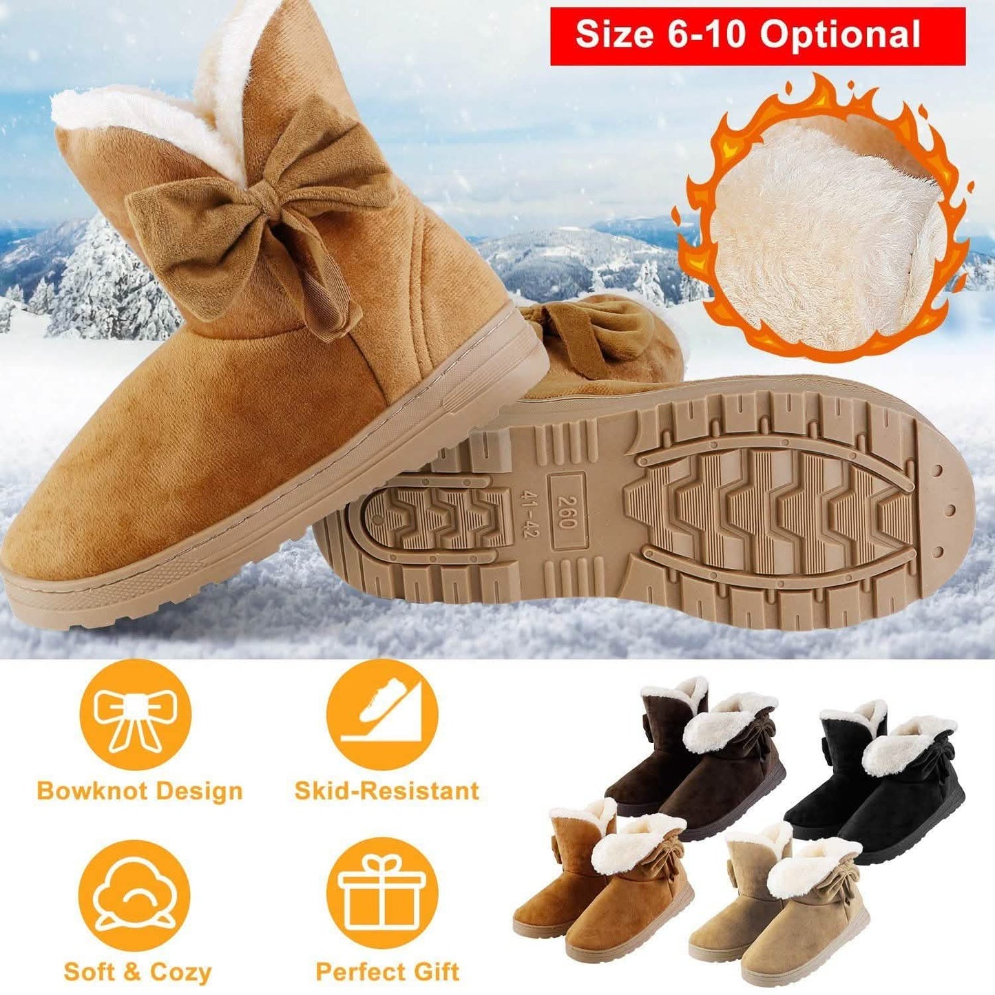 Womens Mid-Calf Winter Shoes with Anti Slip Rubber Base Bowknot