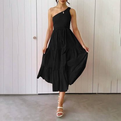 Womens One Shoulder Sleeveless Smocked Ruffle Tiered Beach Long Midi Dress