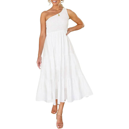 Womens One Shoulder Sleeveless Smocked Ruffle Tiered Beach Long Midi Dress