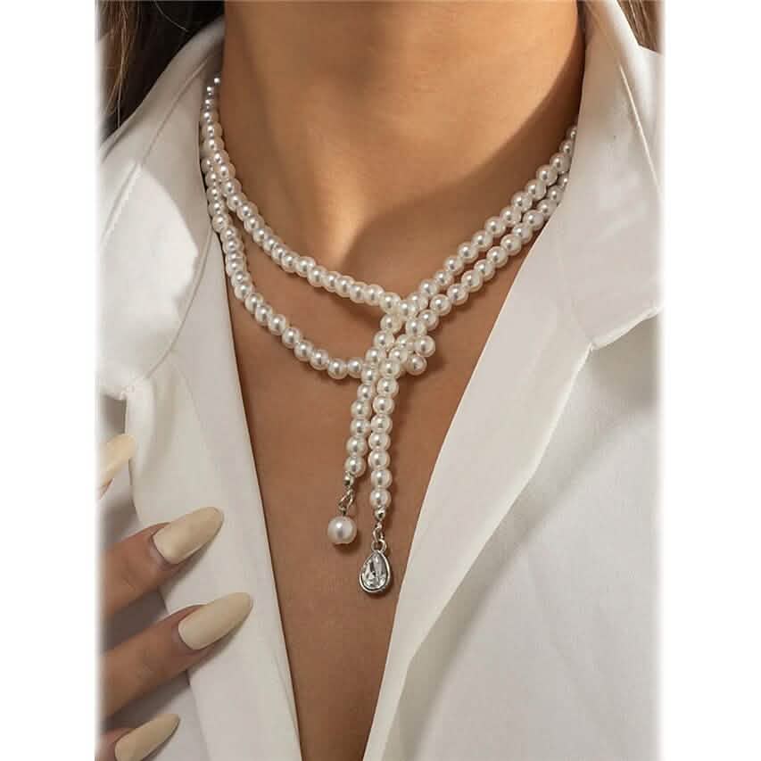 Women's Elegant Multi-Layered Faux Pearl Necklace, Boho Tassel Pendant, Dual-Strand Jewelry