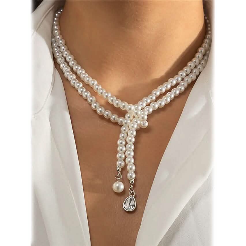 Women's Elegant Multi-Layered Faux Pearl Necklace, Boho Tassel Pendant, Dual-Strand Jewelry