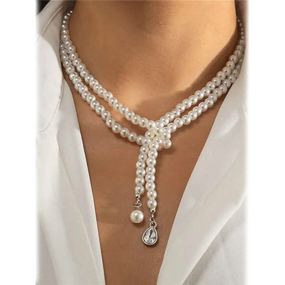 Women's Elegant Multi-Layered Faux Pearl Necklace, Boho Tassel Pendant, Dual-Strand Jewelry