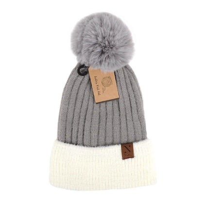 Women's Pom Pom Two-Tone Knit Winter Hat