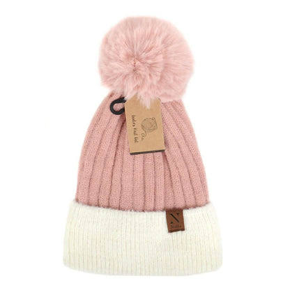 Women's Pom Pom Two-Tone Knit Winter Hat
