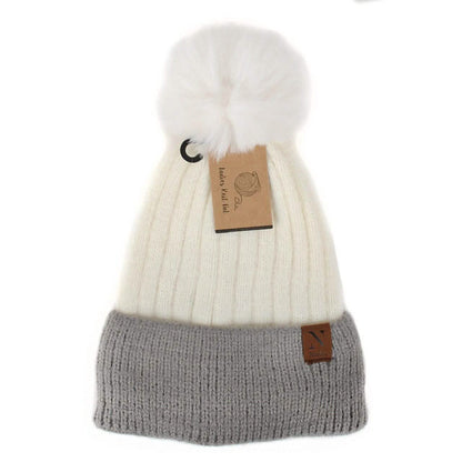 Women's Pom Pom Two-Tone Knit Winter Hat