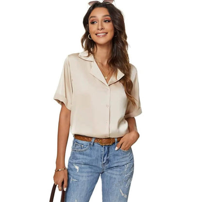 Women's Short Sleeve Casual Satin Button Down Shirt