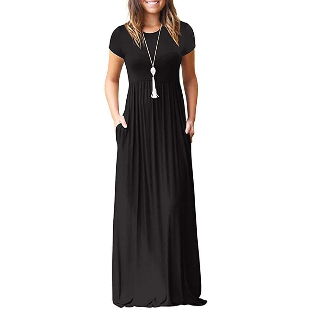 Women's Short Sleeve Loose Casual Long Dresses with Pockets