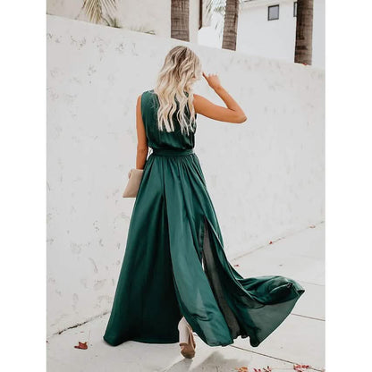 Women's Solid Color Slit Tie Maxi Dress