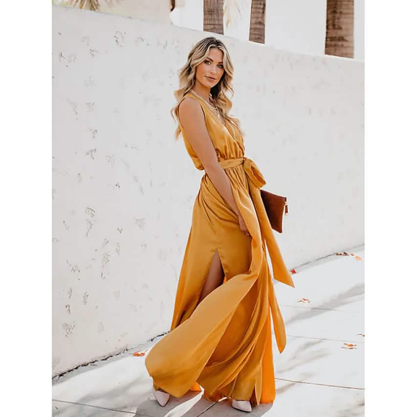Women's Solid Color Slit Tie Maxi Dress
