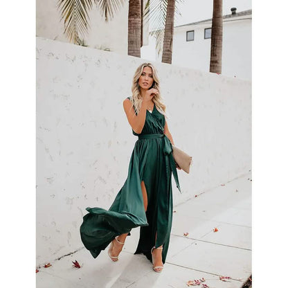 Women's Solid Color Slit Tie Maxi Dress