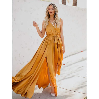 Women's Solid Color Slit Tie Maxi Dress