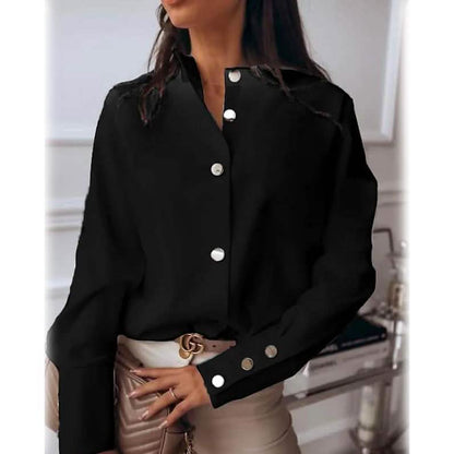 Women's Solid Colored Long Sleeve Button Standing Collar Basic Tops
