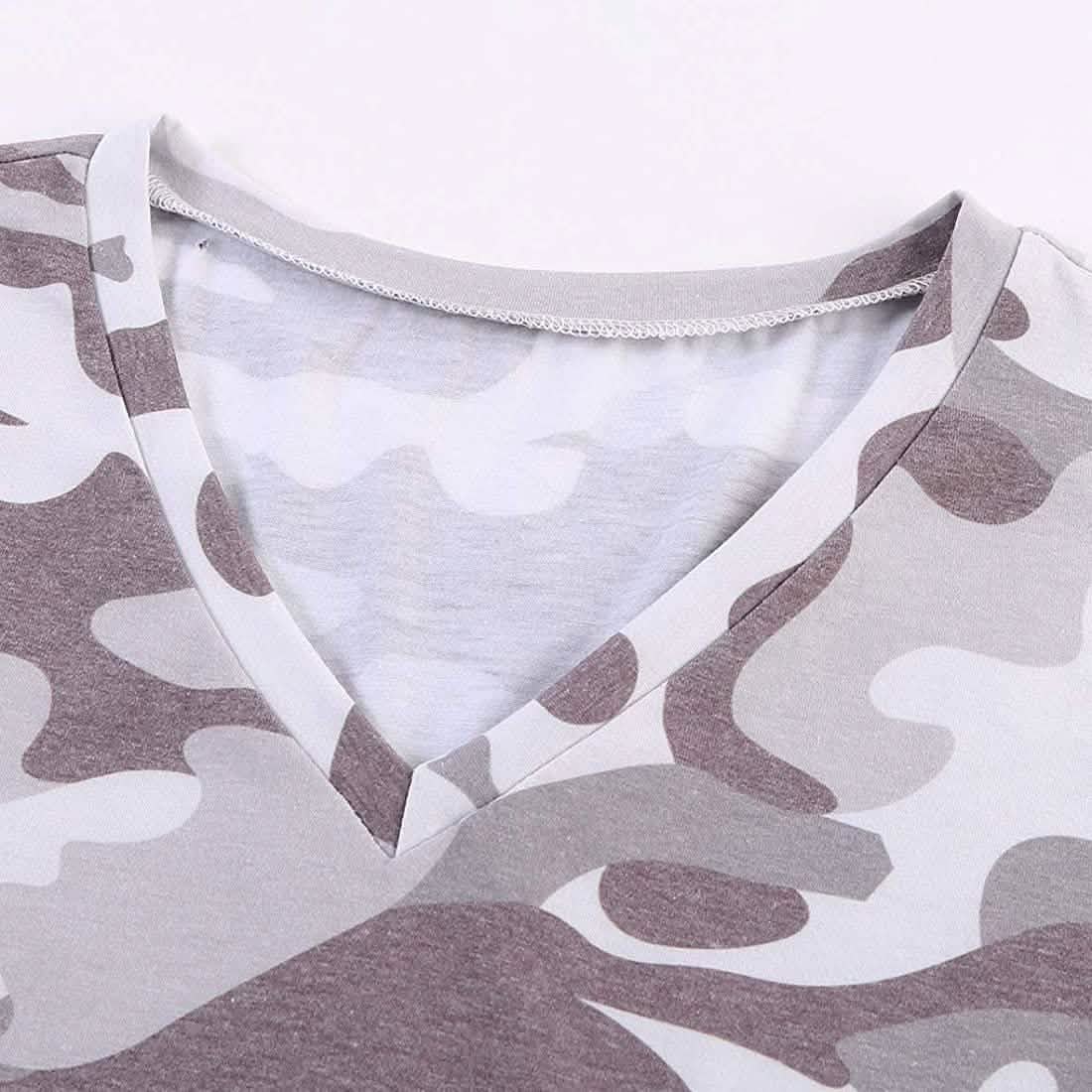 Women's Summer Camo V Neck Short Sleeve Tee Shirts Casual Loose Blouse Tops