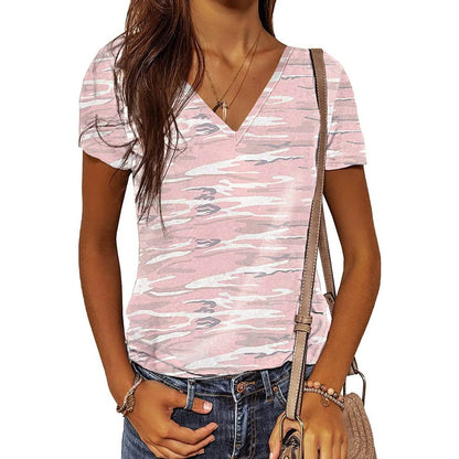 Women's Summer Camo V Neck Short Sleeve Tee Shirts Casual Loose Blouse Tops