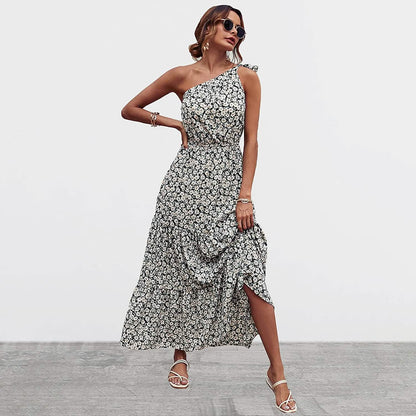 Women's Summer Floral One Shoulder Ruffled Hem Maxi Dresses