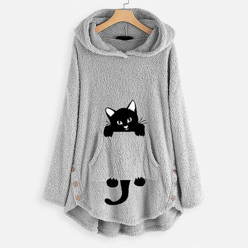 Women's Teddy Coat Cat Animal Front Pocket Hoodies