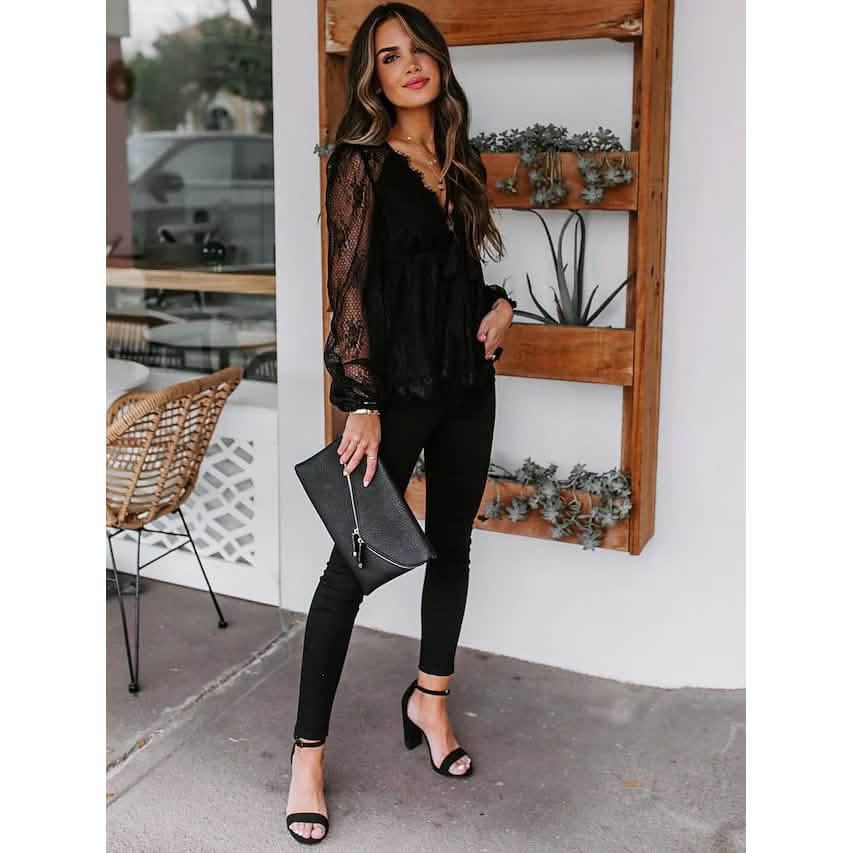 Women's Tunic Blouse Eyelet Top V Neck Tops