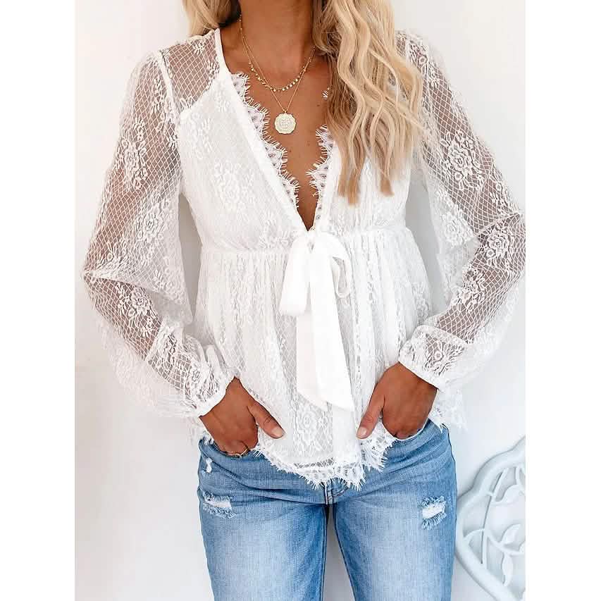 Women's Tunic Blouse Eyelet Top V Neck Tops