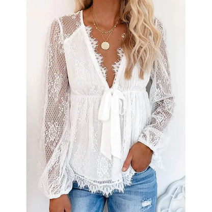 Women's Tunic Blouse Eyelet Top V Neck Tops