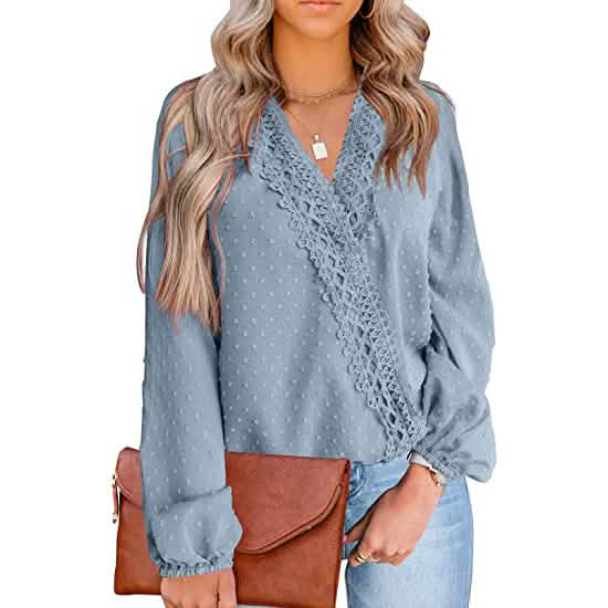 Women's V Neck Chiffon Lace Pom Pom Long Sleeve Top