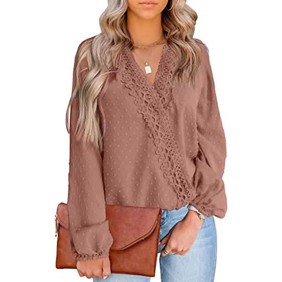 Women's V Neck Chiffon Lace Pom Pom Long Sleeve Top