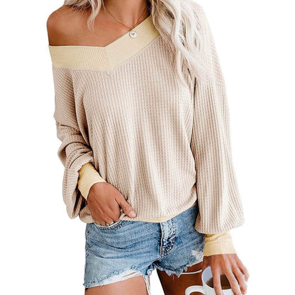 Women's V Neck Long Sleeve Waffle Knit Top Off Shoulder Oversized Pullover Sweater