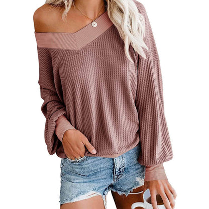 Women's V Neck Long Sleeve Waffle Knit Top Off Shoulder Oversized Pullover Sweater