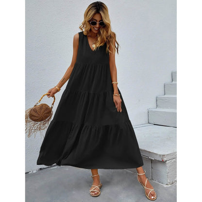 Women's V-neck Ruffle Hem Solid Dress