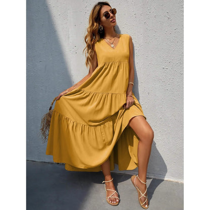 Women's V-neck Ruffle Hem Solid Dress