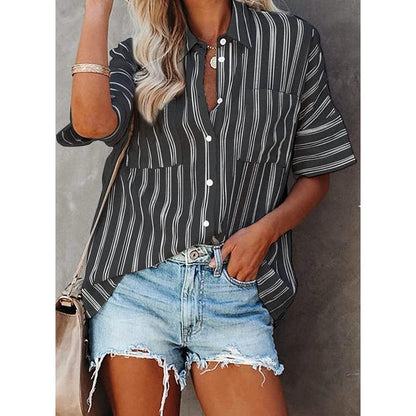 Women's V Neck Striped Roll Up Cuff Button Shirt Top