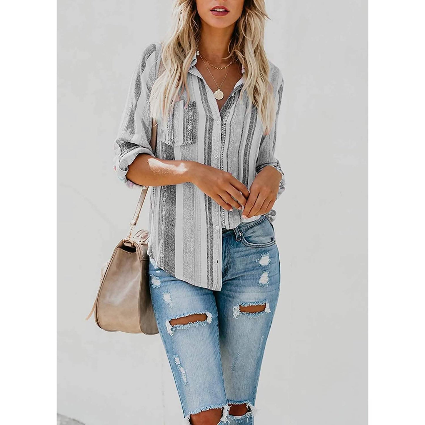 Women's V-Neck Striped Roll-Up Cuff Shirt