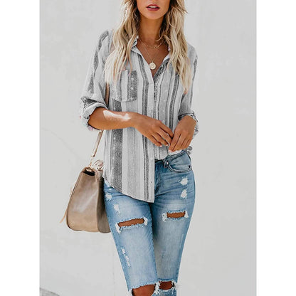 Women's V-Neck Striped Roll-Up Cuff Shirt