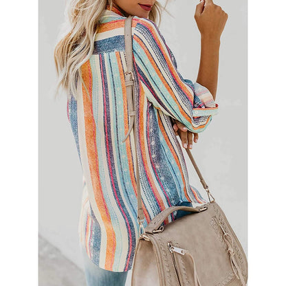 Women's V-Neck Striped Roll-Up Cuff Shirt
