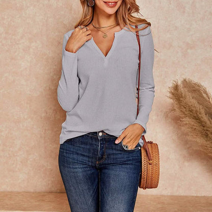 Women's V Neck Waffle Knit Henley Tops