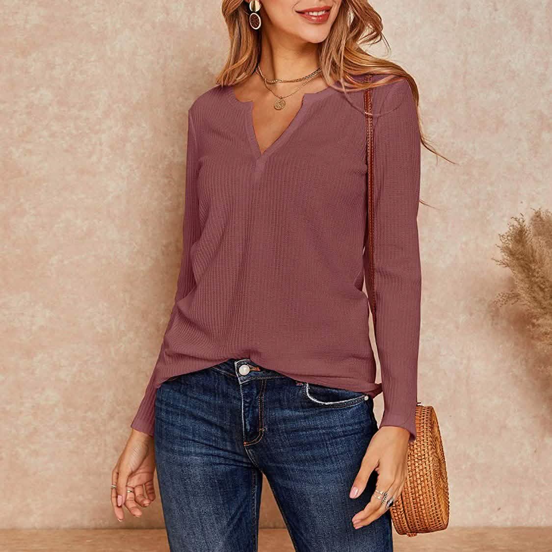 Women's V Neck Waffle Knit Henley Tops