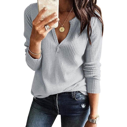 Women's V Neck Waffle Knit Henley Tops