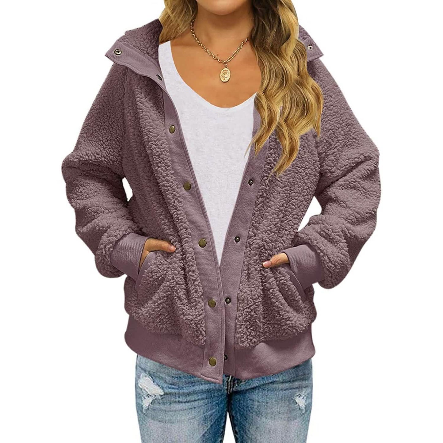 Womens Winter Sherpa Fleece Button Jacket Coat
