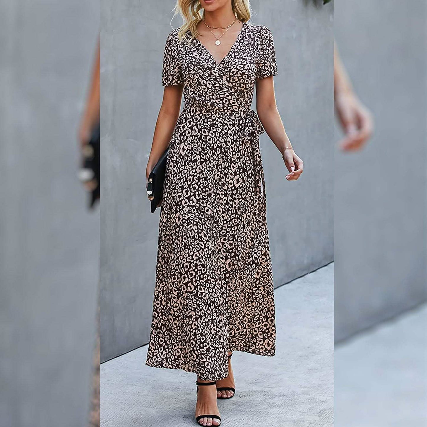 Women's Wrap V Neck Maxi Dresses Short Sleeve Split Casual Long Dress